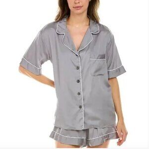 Ettitude Sateen Short Sleeve PJ Shirt Clean Bamboo Button Front Gray Medium NEW